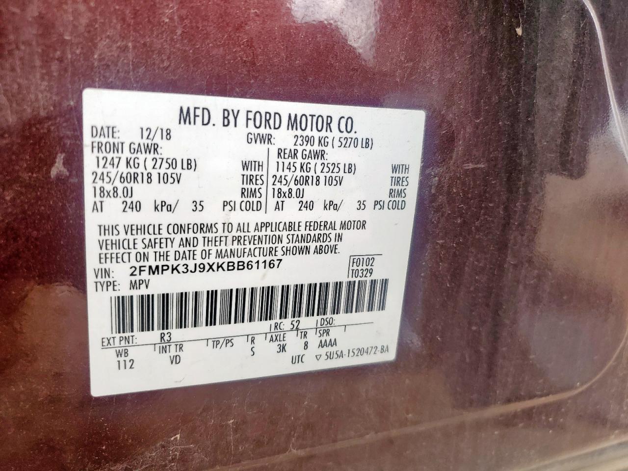 2019 Ford Edge Sel VIN: 2FMPK3J9XKBB61167 Lot: 93291665