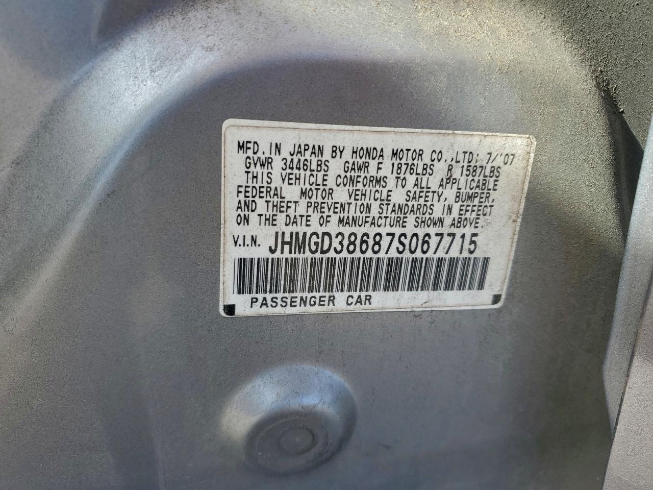 2007 Honda Fit S VIN: JHMGD38687S067715 Lot: 94282815