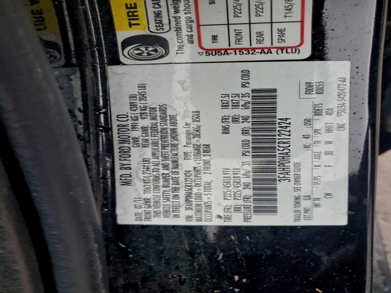 2012 Ford Fusion Se VIN: 3FAHP0HA5CR122424 Lot: 94306005