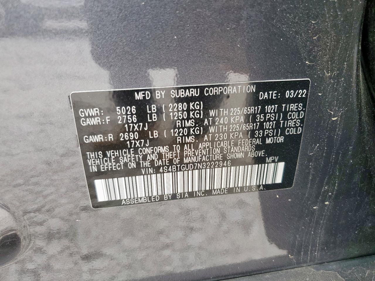 2022 Subaru Outback Wilderness VIN: 4S4BTGUD7N3222946 Lot: 87475295