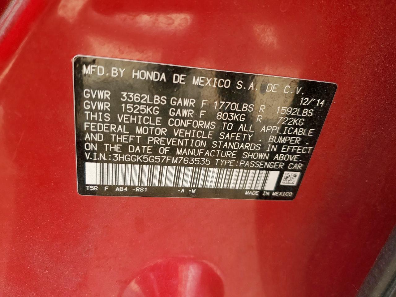 2015 Honda Fit Lx VIN: 3HGGK5G57FM763535 Lot: 91798705