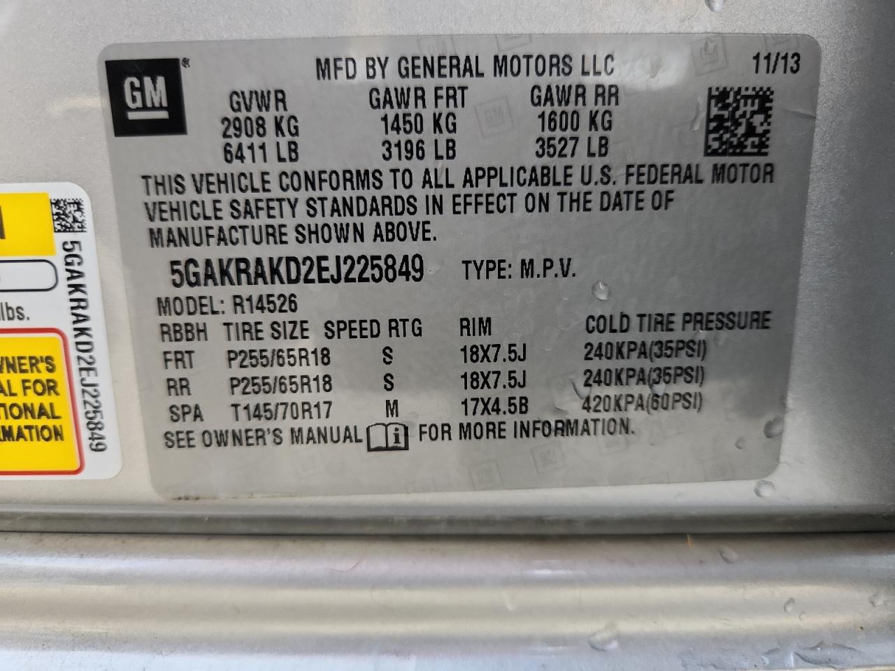 2014 Buick Enclave VIN: 5GAKRAKD2EJ225849 Lot: 92497585