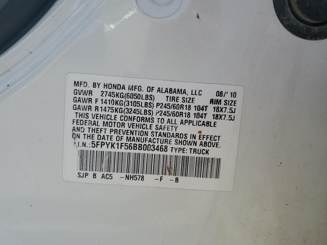 2011 Honda Ridgeline Rtl VIN: 5FPYK1F56BB003468 Lot: 92374115