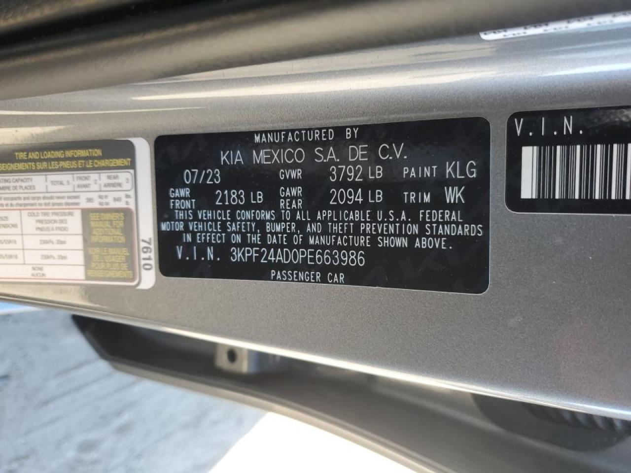 2023 Kia Forte Lx VIN: 3KPF24AD0PE663986 Lot: 90509335