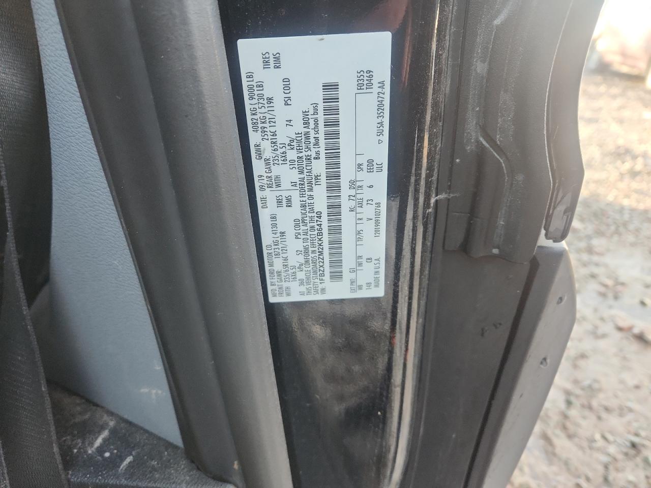 2019 Ford Transit T-350 VIN: 1FBZX2ZM2KKB64740 Lot: 93075445