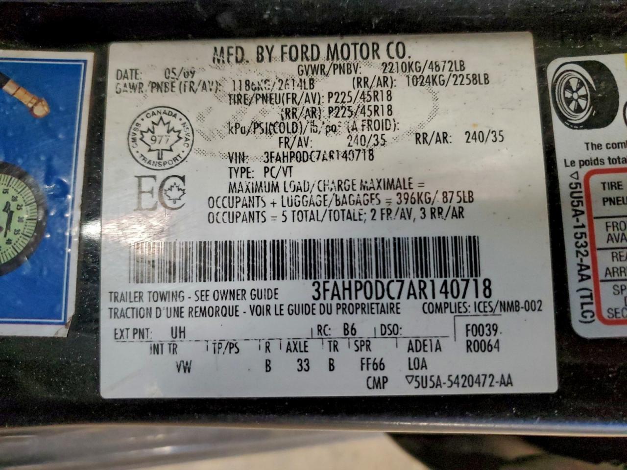 2010 Ford Fusion Sport VIN: 3FAHP0DC7AR140718 Lot: 94525495