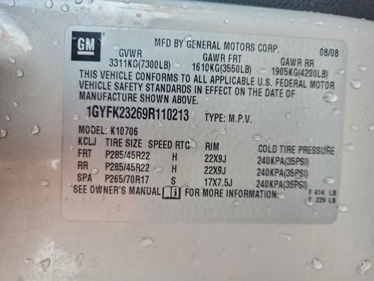 2009 Cadillac Escalade Luxury VIN: 1GYFK23269R110213 Lot: 94347065