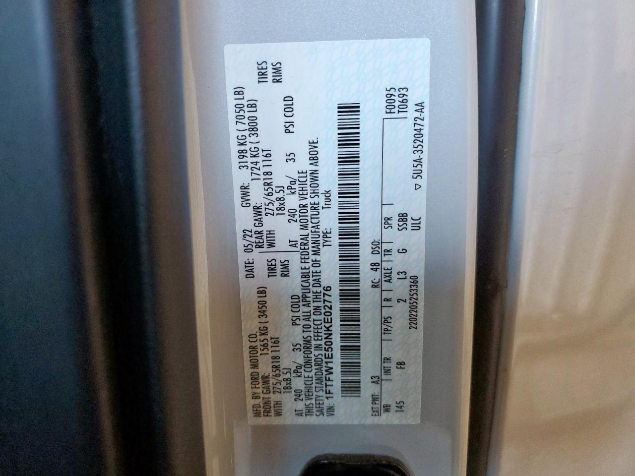 2022 Ford F150 Supercrew VIN: 1FTFW1E50NKE02776 Lot: 92691275