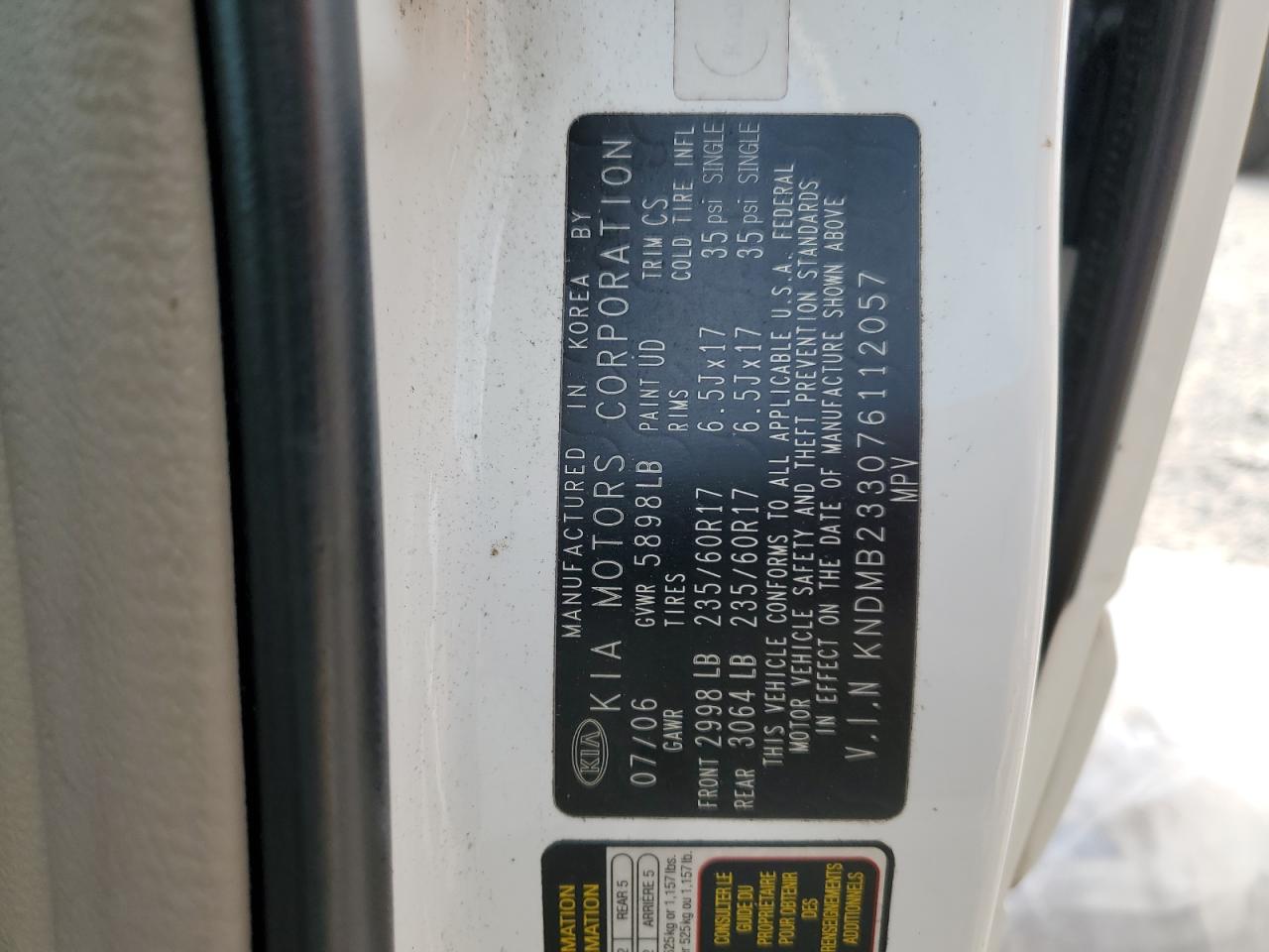 2007 Kia Sedona Ex VIN: KNDMB233076112057 Lot: 92804235