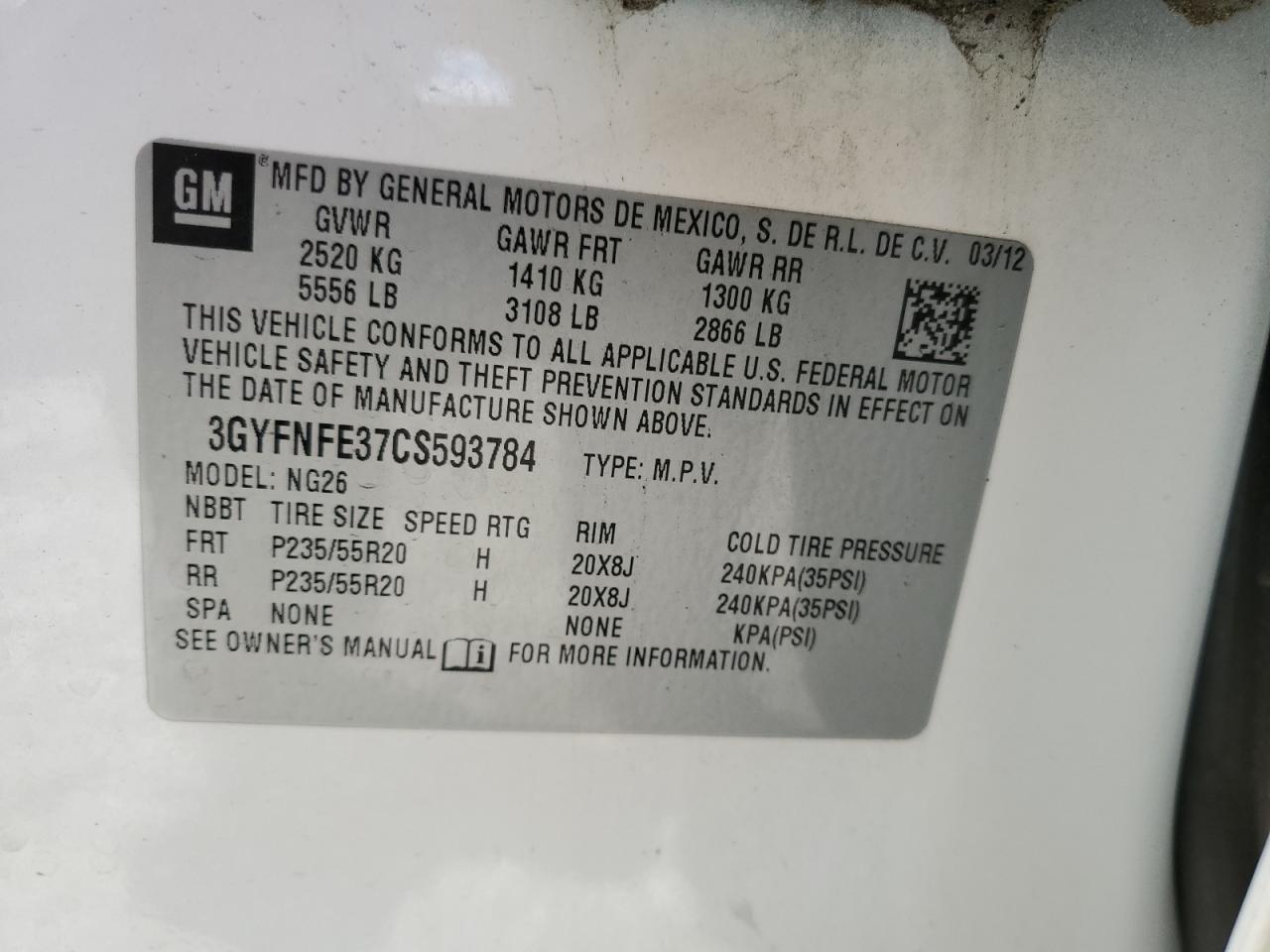 2012 Cadillac Srx Premium Collection VIN: 3GYFNFE37CS593784 Lot: 91017635