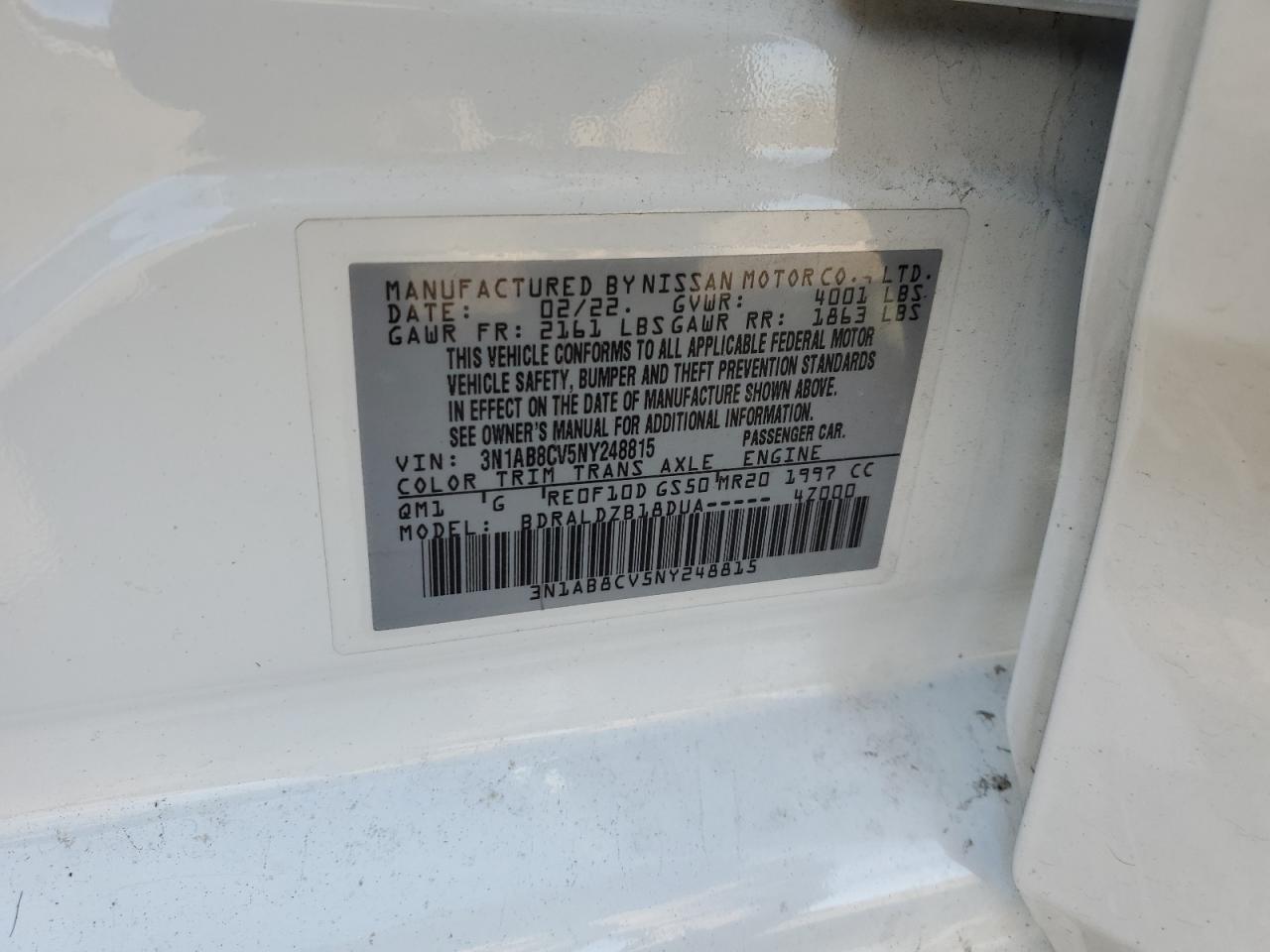 2022 Nissan Sentra Sv VIN: 3N1AB8CV5NY248815 Lot: 91983615