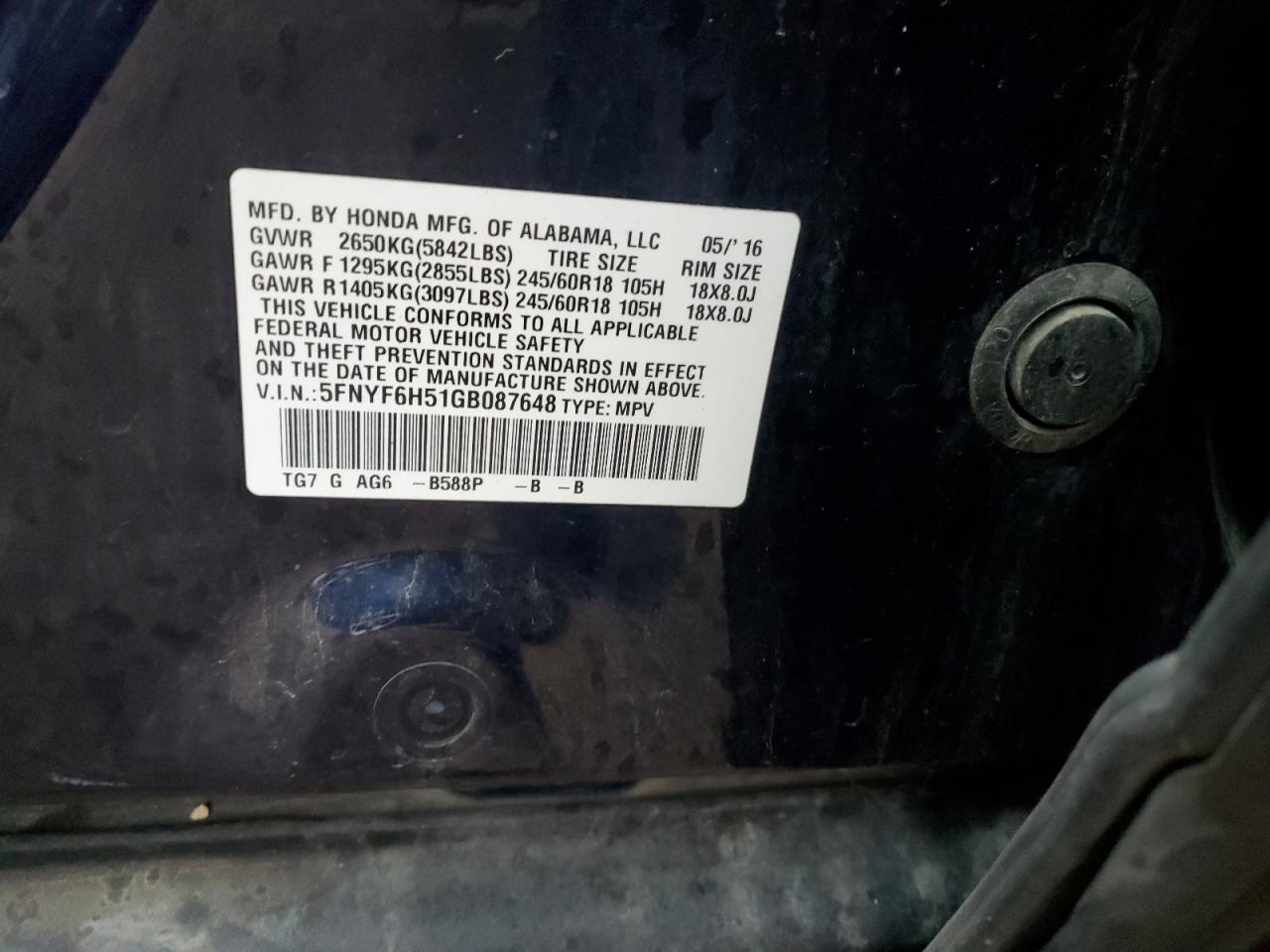 2016 Honda Pilot Exl VIN: 5FNYF6H51GB087648 Lot: 93322485