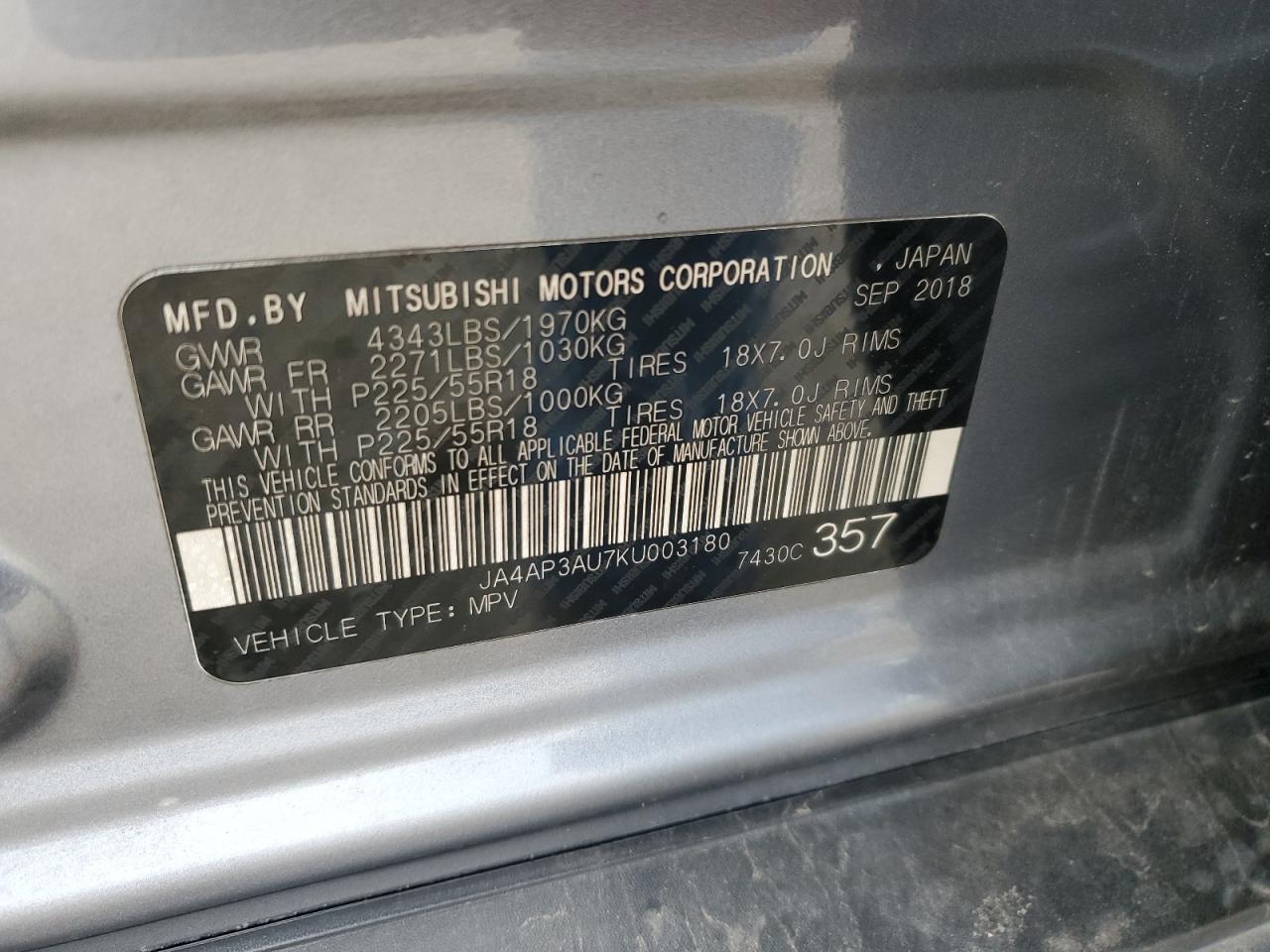 2019 Mitsubishi Outlander Sport Es VIN: JA4AP3AU7KU003180 Lot: 92503485