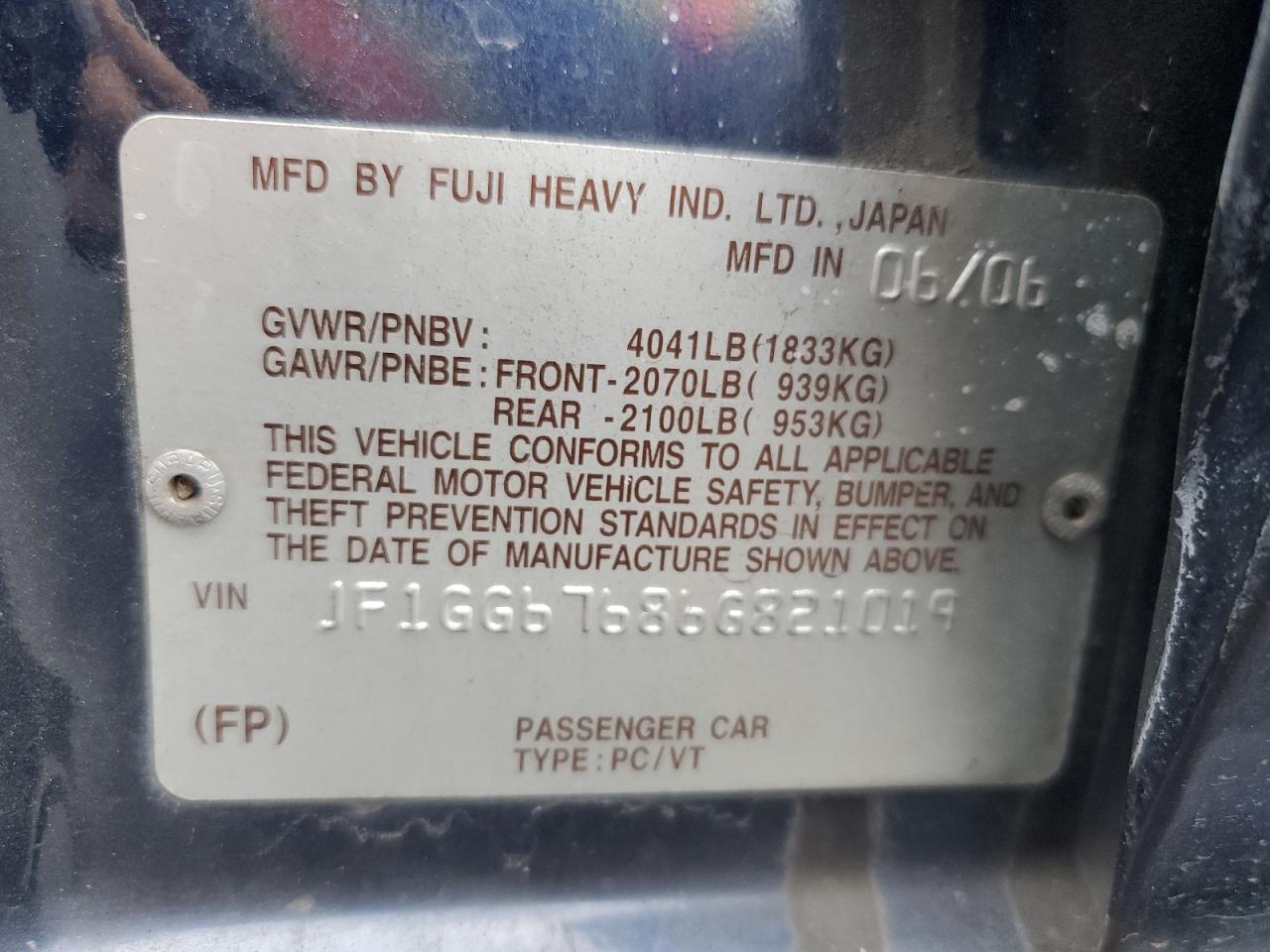 2006 Subaru Impreza 2.5I Sports Wagon VIN: JF1GG67686G821019 Lot: 91318795