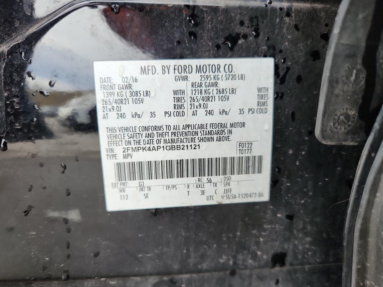 2016 Ford Edge Sport VIN: 2FMPK4AP1GBB21121 Lot: 92109765