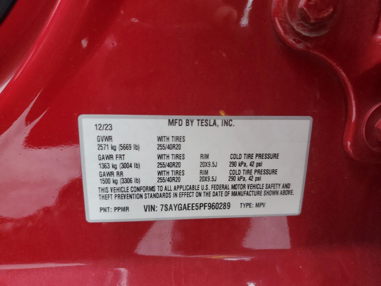 2023 Tesla Model Y VIN: 7SAYGAEE5PF960289 Lot: 91840795