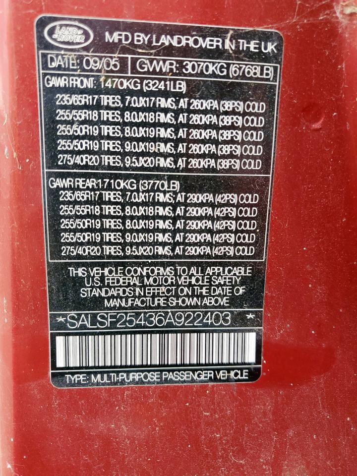 2006 Land Rover Range Rover Sport Hse VIN: SALSF25436A922403 Lot: 93023935