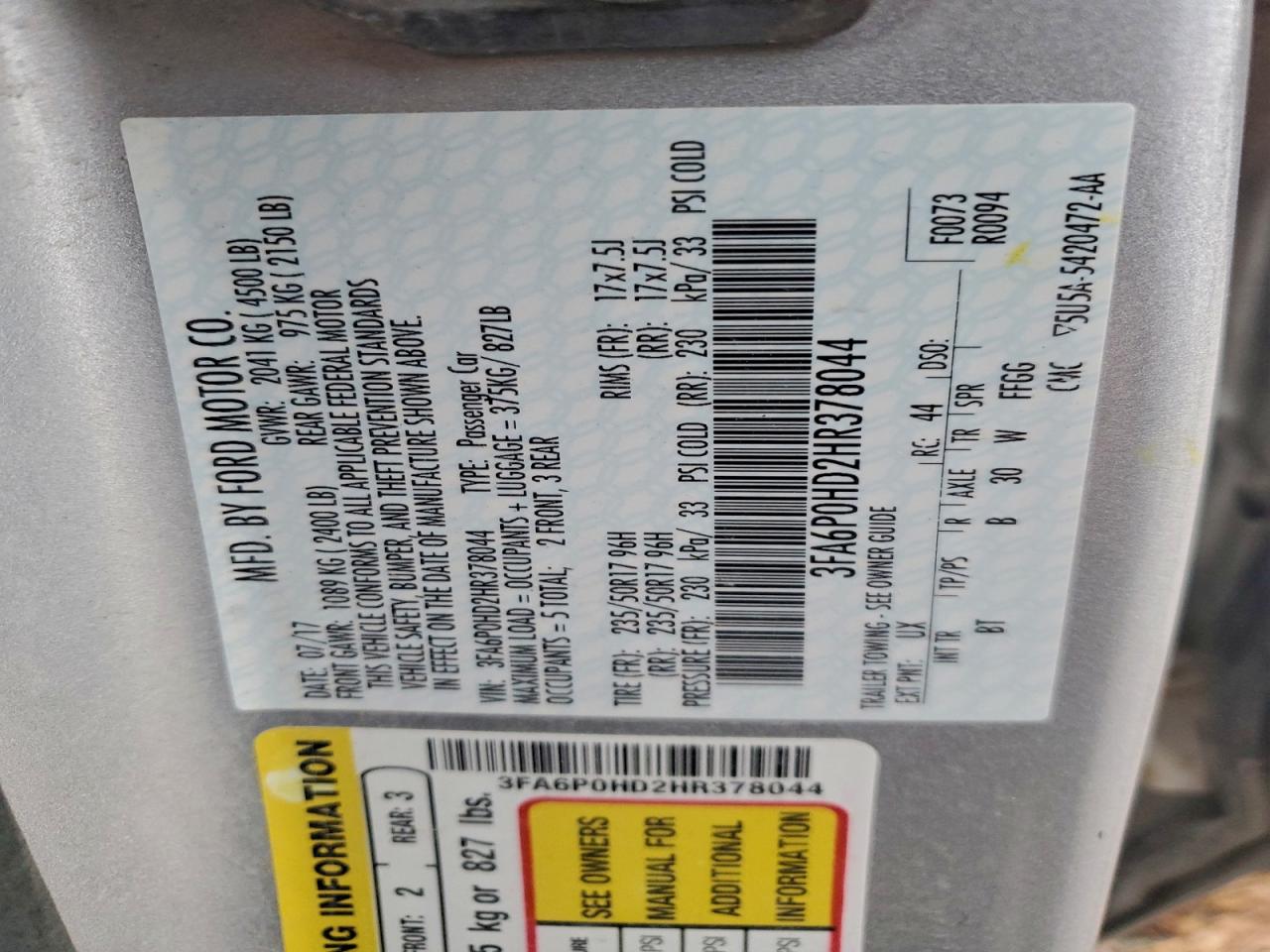 2017 Ford Fusion Se VIN: 3FA6P0HD2HR378044 Lot: 93941885