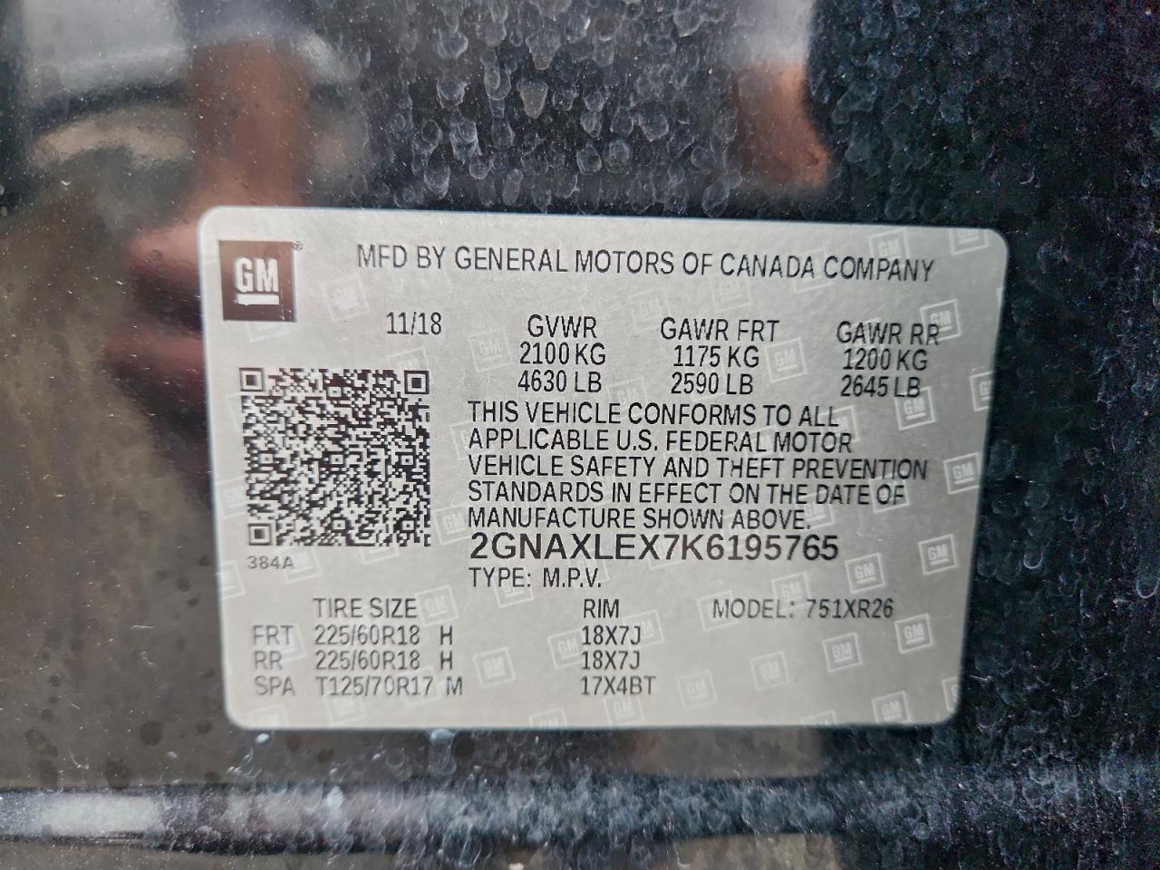 2019 Chevrolet Equinox Lt VIN: 2GNAXLEX7K6195765 Lot: 93822365