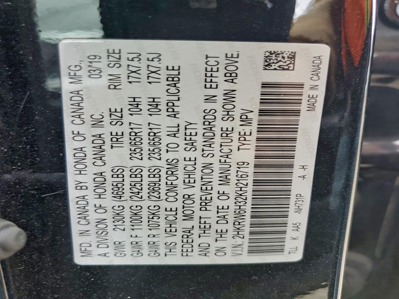 2019 Honda Cr-V Lx VIN: 2HKRW6H32KH216719 Lot: 93002165