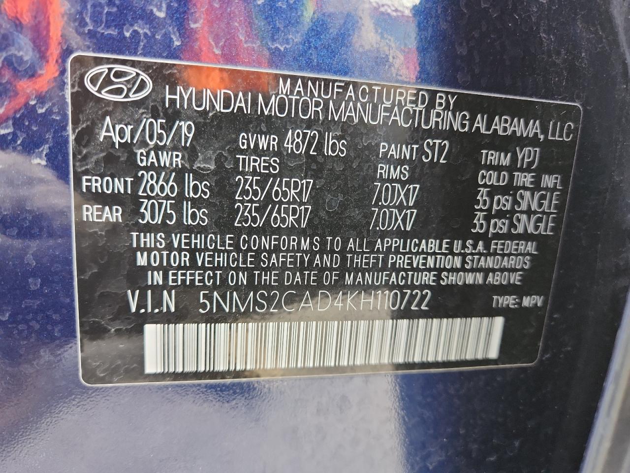 2019 Hyundai Santa Fe Se VIN: 5NMS2CAD4KH110722 Lot: 91818785