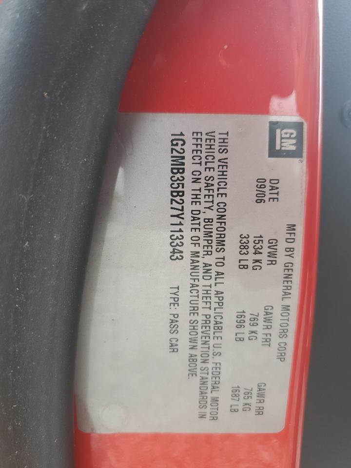 2007 Pontiac Solstice VIN: 1G2MB35B27Y113343 Lot: 91316695