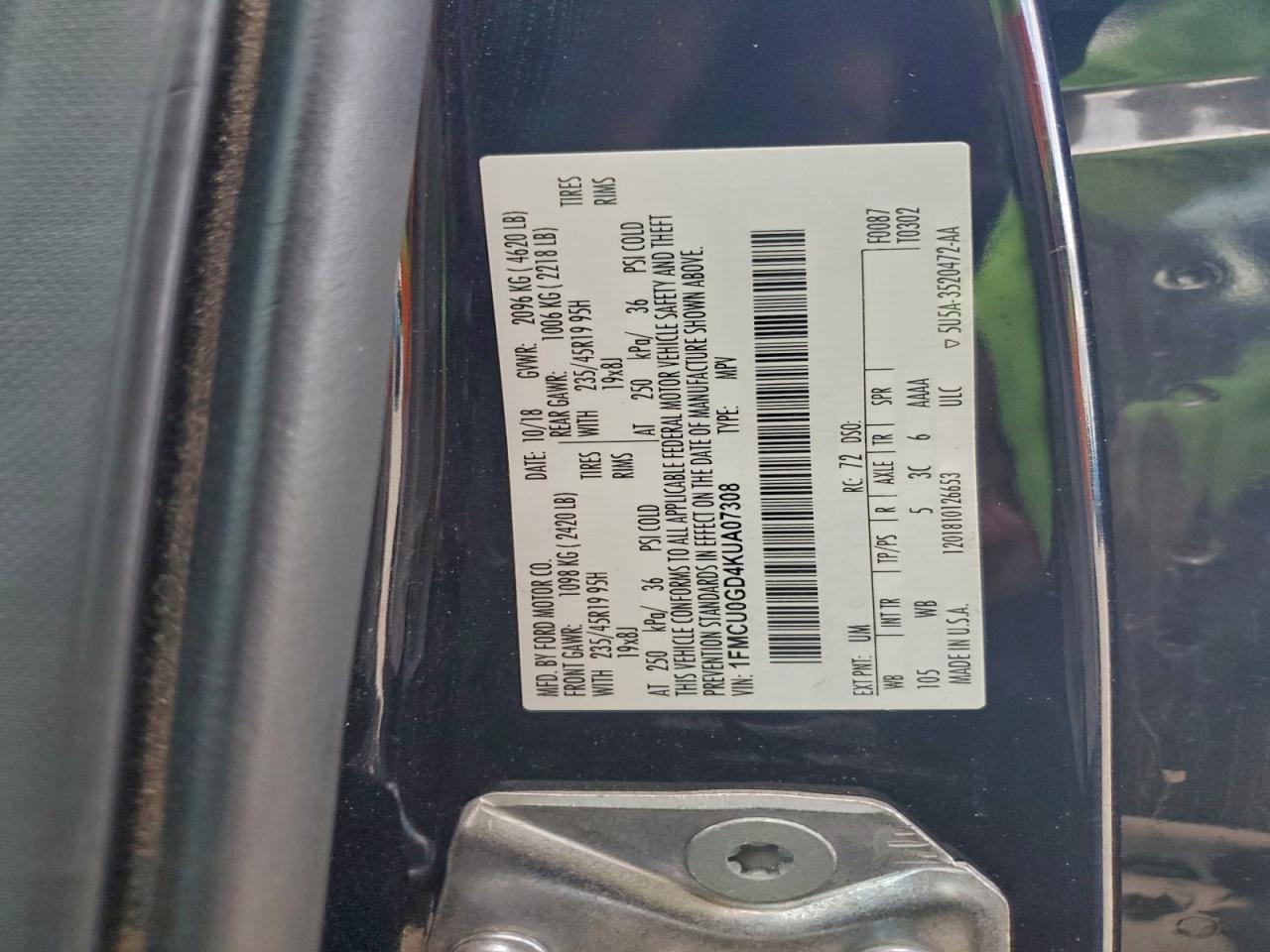 2019 Ford Escape Se VIN: 1FMCU0GD4KUA07308 Lot: 94594085