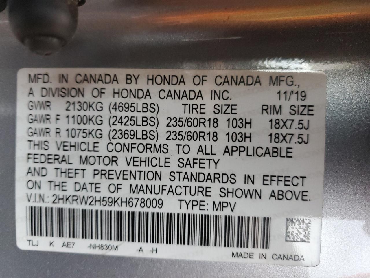 2019 Honda Cr-V Ex VIN: 2HKRW2H59KH678009 Lot: 92367835