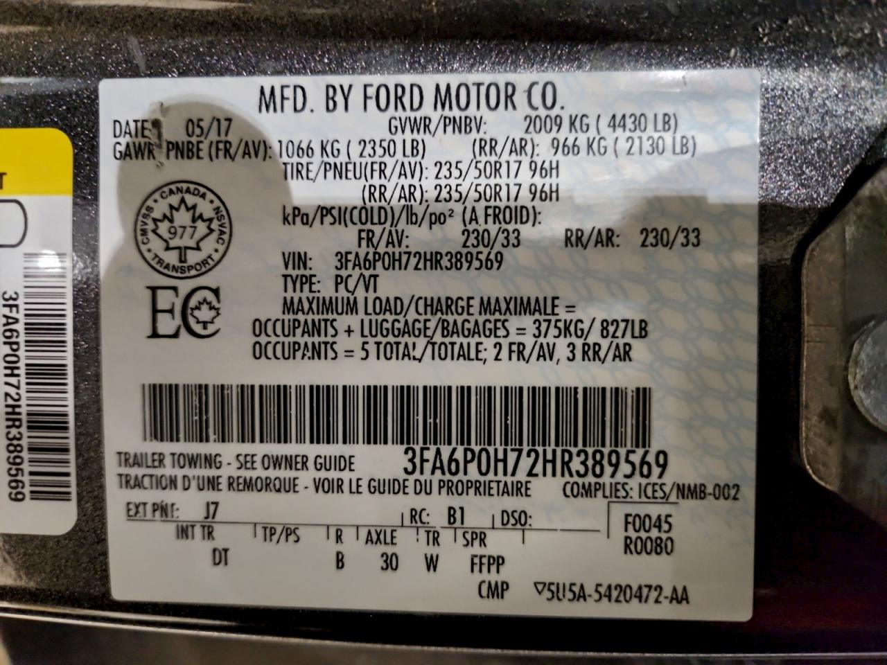 2017 Ford Fusion Se VIN: 3FA6P0H72HR389569 Lot: 95060595