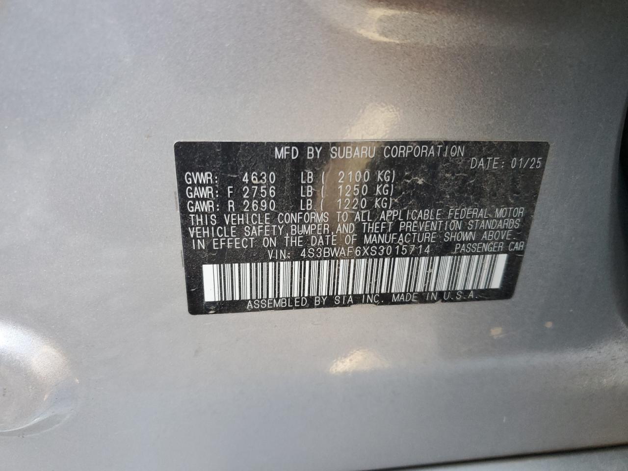 2025 Subaru Legacy Premium VIN: 4S3BWAF6XS3015714 Lot: 91454335