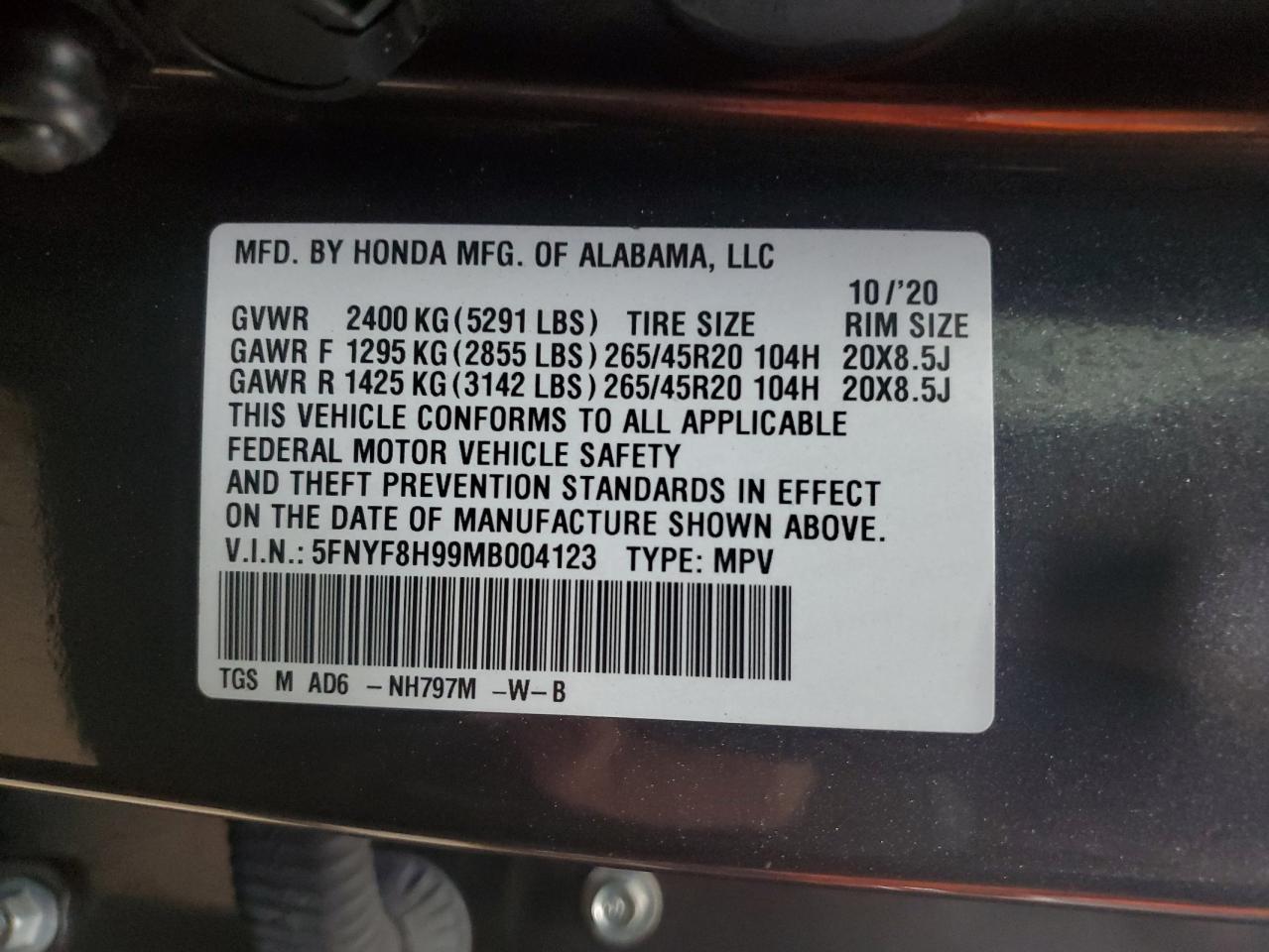 2021 Honda Passport Touring VIN: 5FNYF8H99MB004123 Lot: 91774635