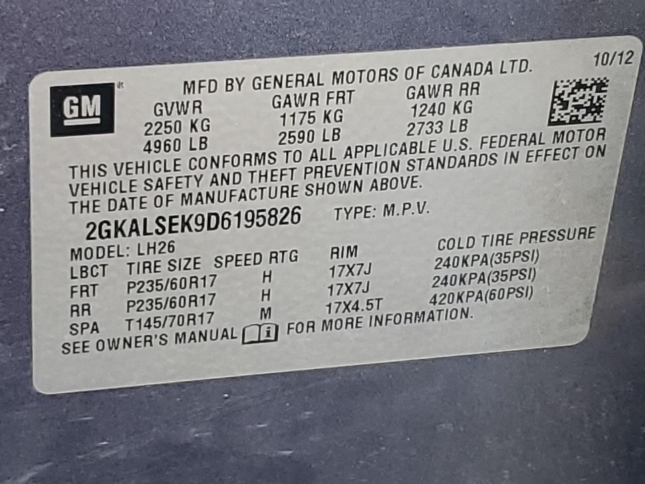 2013 GMC Terrain Sle VIN: 2GKALSEK9D6195826 Lot: 92036405