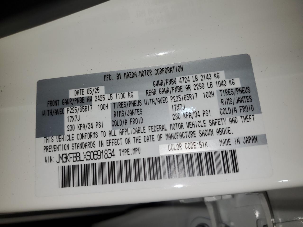 2025 Mazda Cx-5 Select VIN: JM3KFBBLXS0691834 Lot: 92862405