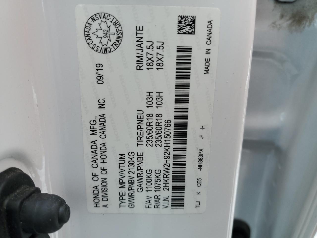 2019 Honda Cr-V Touring VIN: 2HKRW2H92KH150766 Lot: 91086595