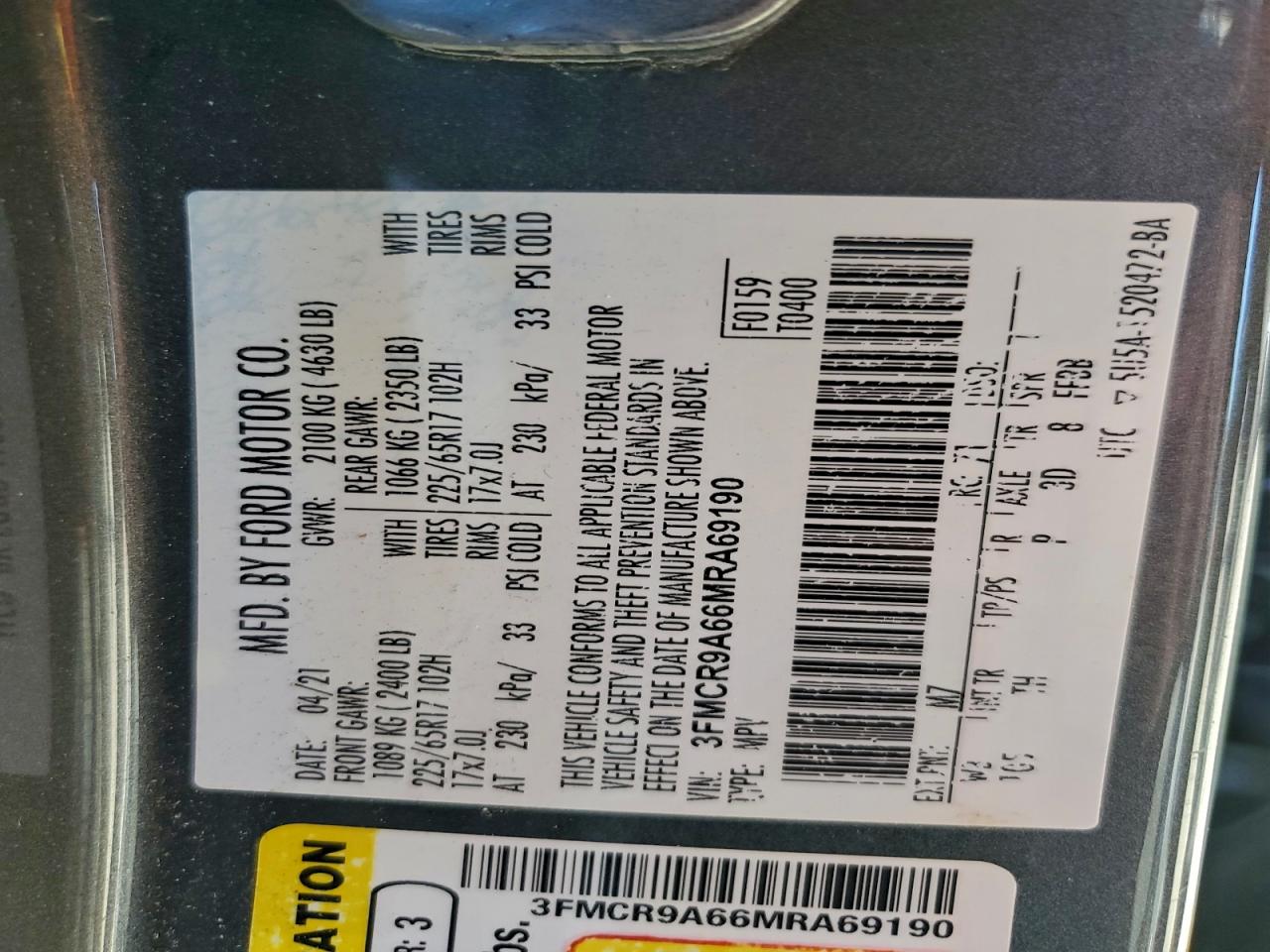 2021 Ford Bronco Sport VIN: 3FMCR9A66MRA69190 Lot: 91375915