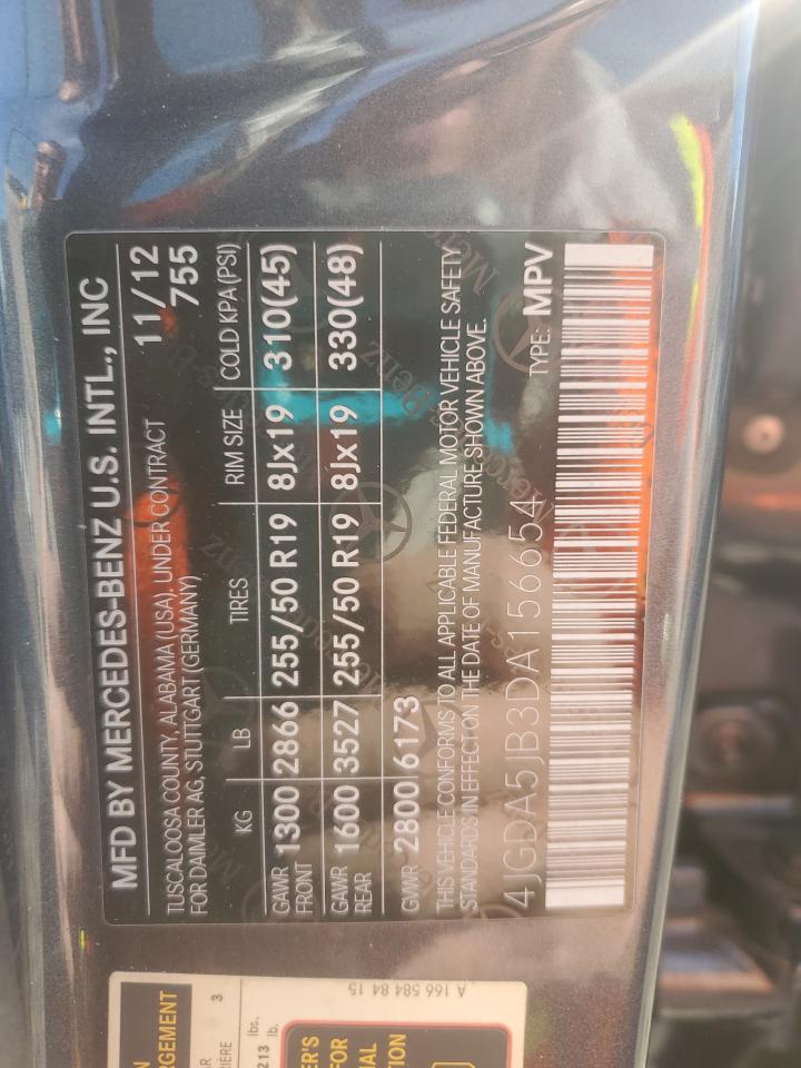 2013 Mercedes-Benz Ml 350 VIN: 4JGDA5JB3DA156654 Lot: 91688535