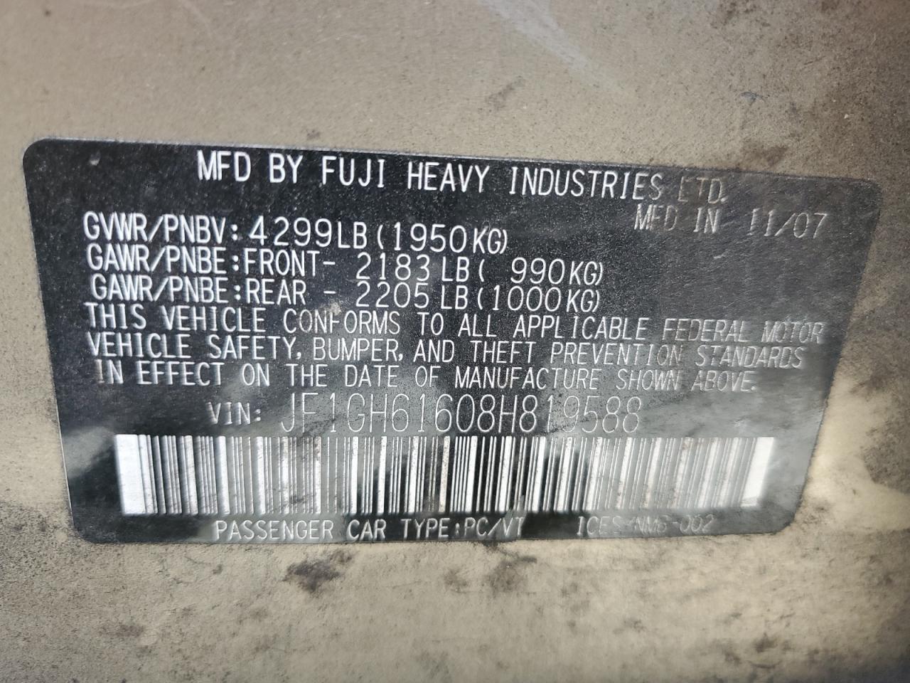 2008 Subaru Impreza 2.5I VIN: JF1GH61608H819588 Lot: 91168775