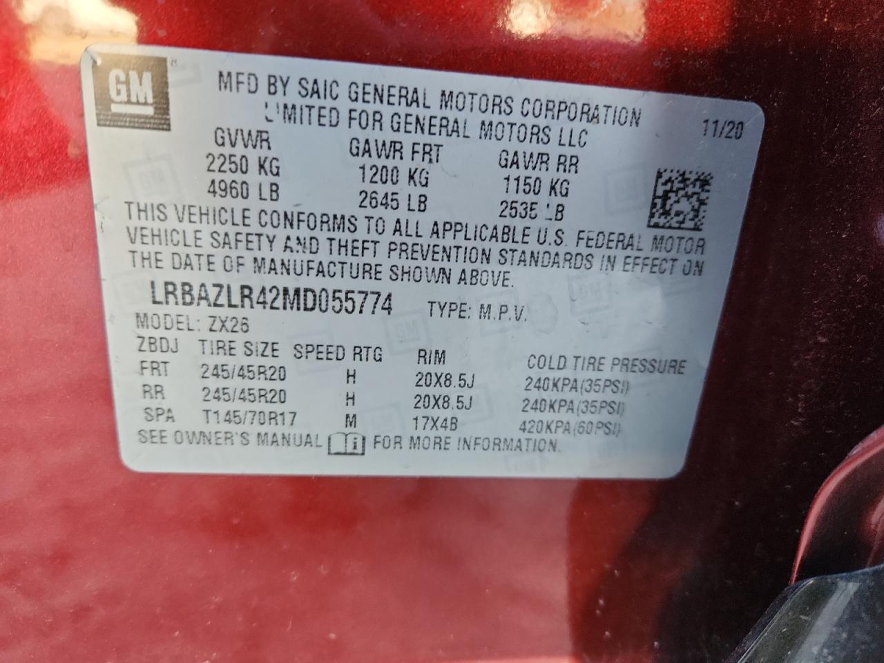 2021 Buick Envision Preferred VIN: LRBAZLR42MD055774 Lot: 93110305