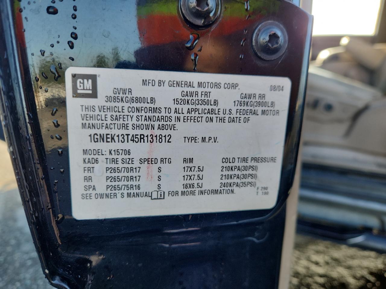 2005 Chevrolet Tahoe K1500 VIN: 1GNEK13T45R131812 Lot: 92927755