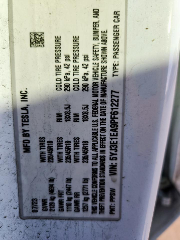 2023 Tesla Model 3 VIN: 5YJ3E1EA9PF612277 Lot: 92126965