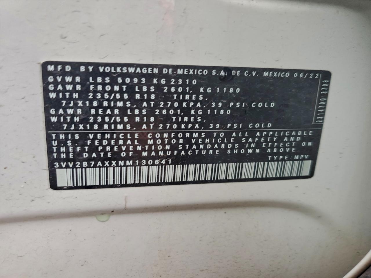 2022 Volkswagen Tiguan Se VIN: 3VV2B7AXXNM130641 Lot: 93679035