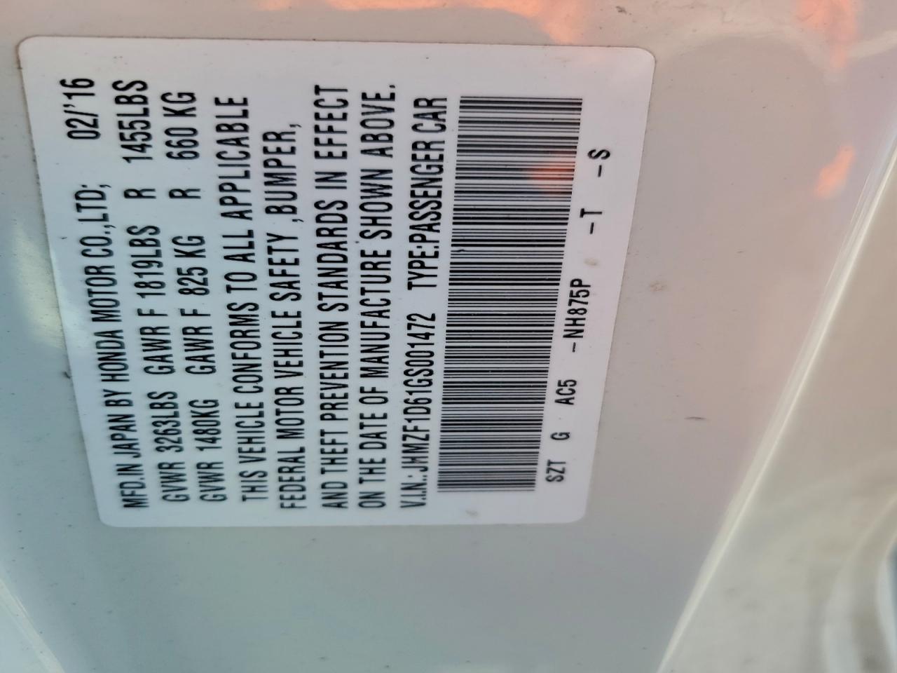 2016 Honda Cr-Z Ex VIN: JHMZF1D61GS001472 Lot: 91774055