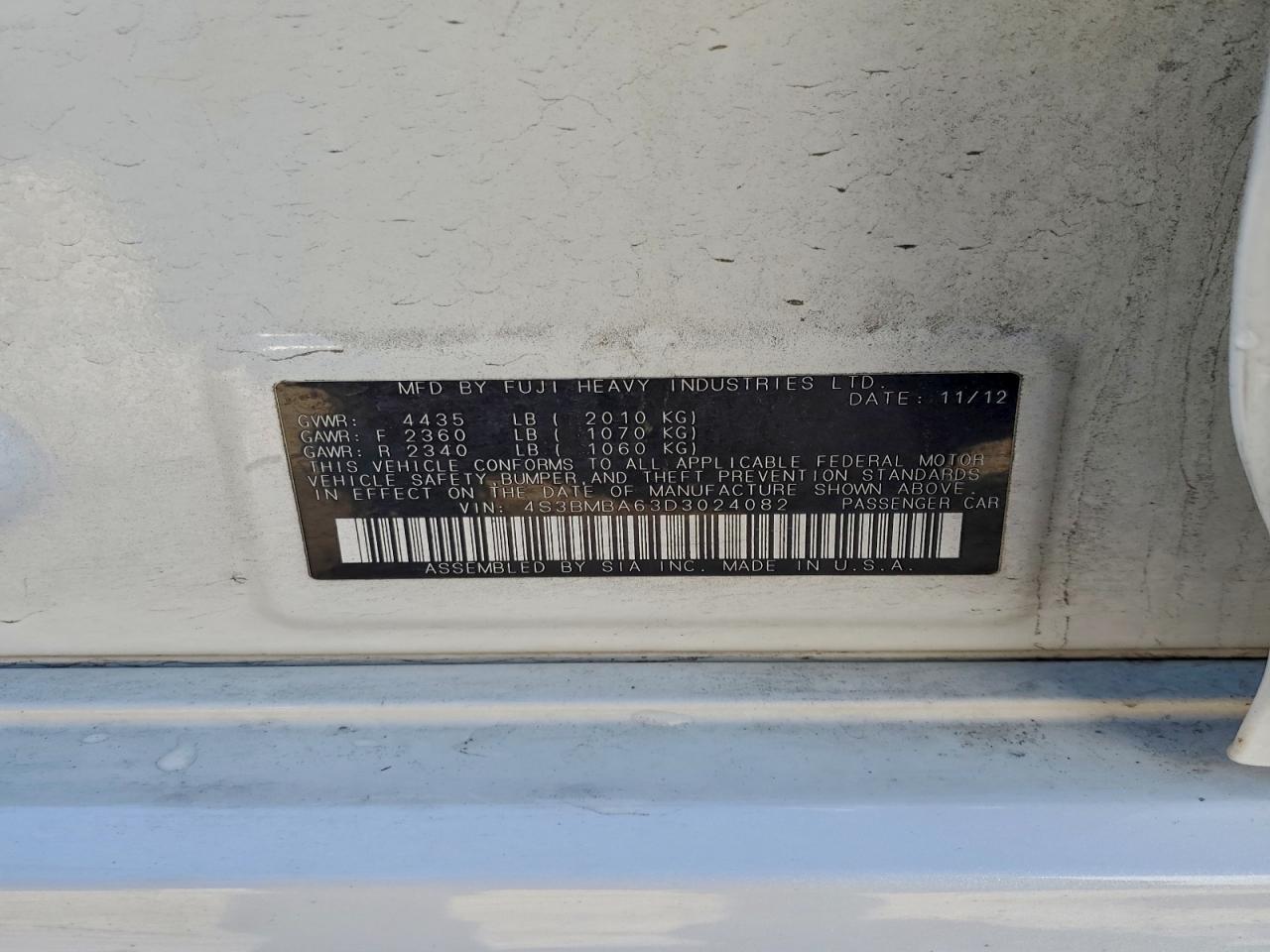 2013 Subaru Legacy 2.5I VIN: 4S3BMBA63D3024082 Lot: 94095565