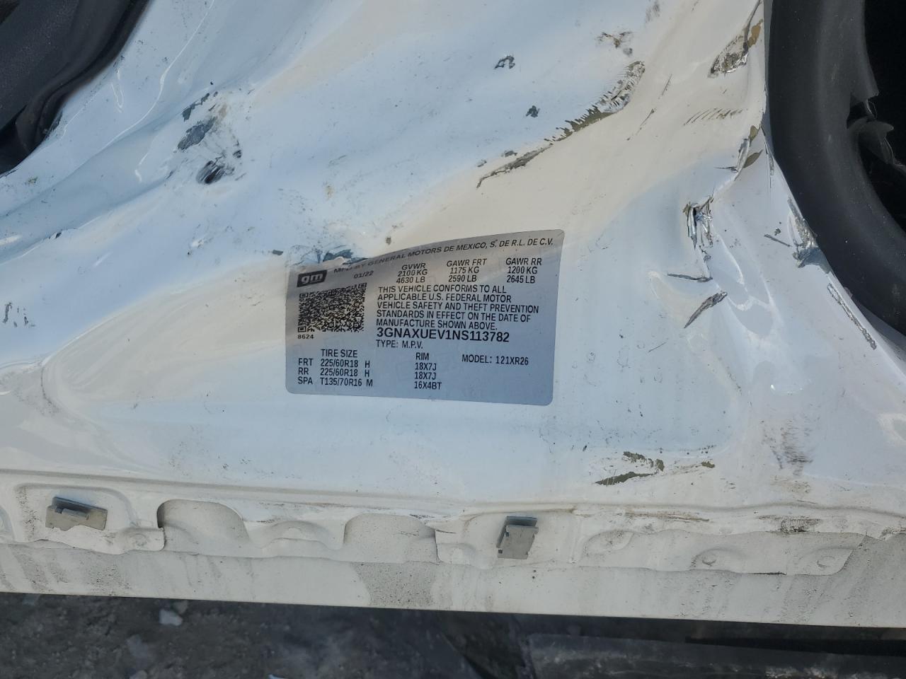 2022 Chevrolet Equinox Lt VIN: 3GNAXUEV1NS113782 Lot: 92394665