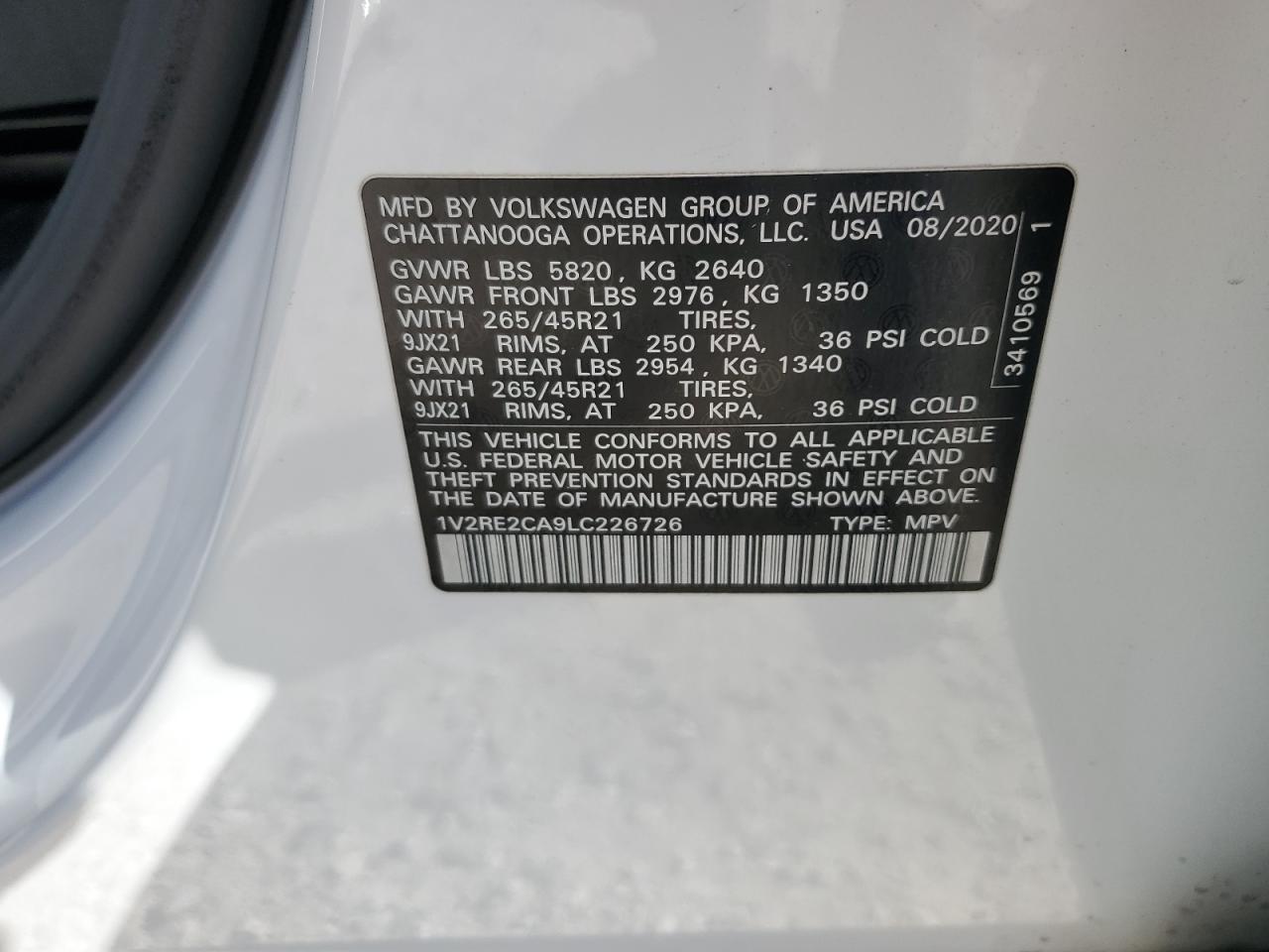 2020 Volkswagen Atlas Cross Sport Sel R-Line VIN: 1V2RE2CA9LC226726 Lot: 92838705