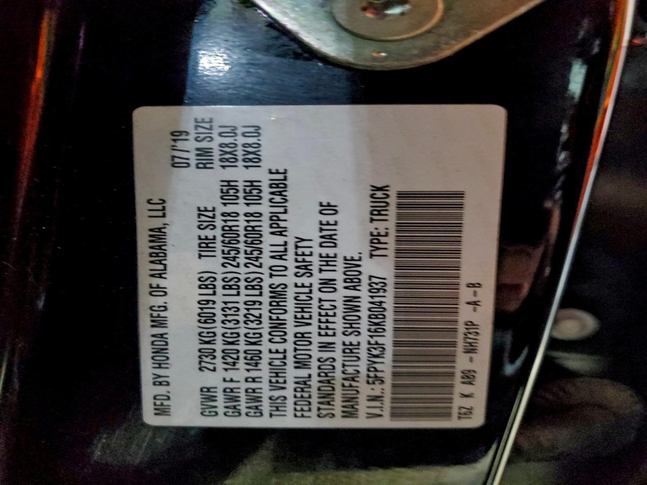 2019 Honda Ridgeline Sport VIN: 5FPYK3F16KB041937 Lot: 94335015