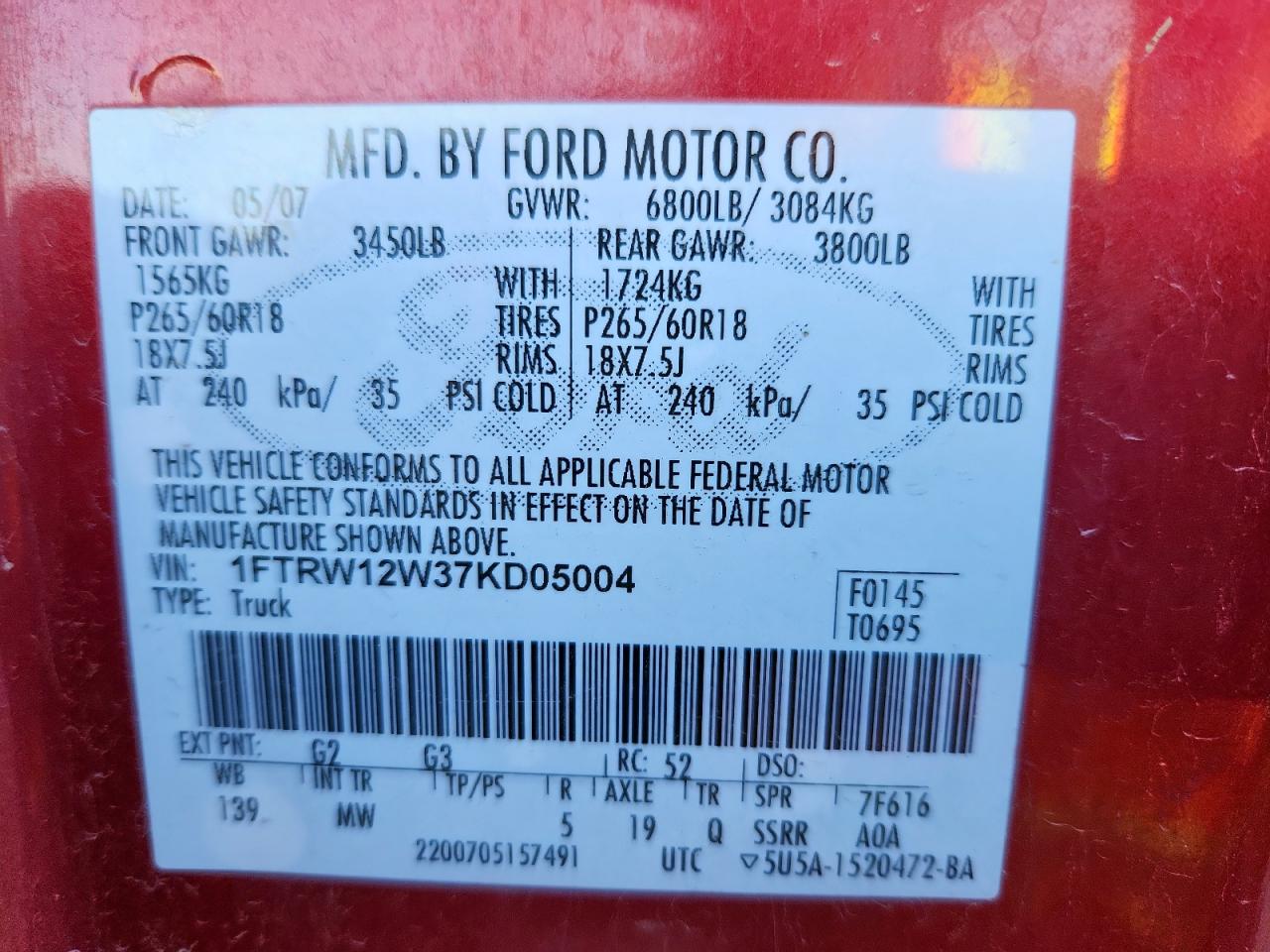 2007 Ford F150 Supercrew VIN: 1FTRW12W37KD05004 Lot: 91142945