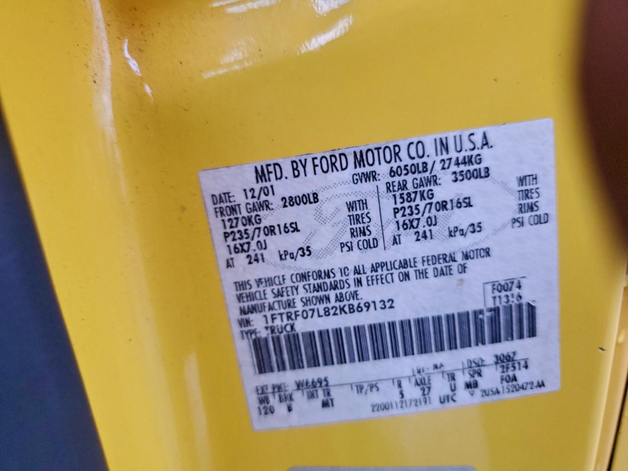 2002 Ford F150 VIN: 1FTRF07L82KB69132 Lot: 93766765