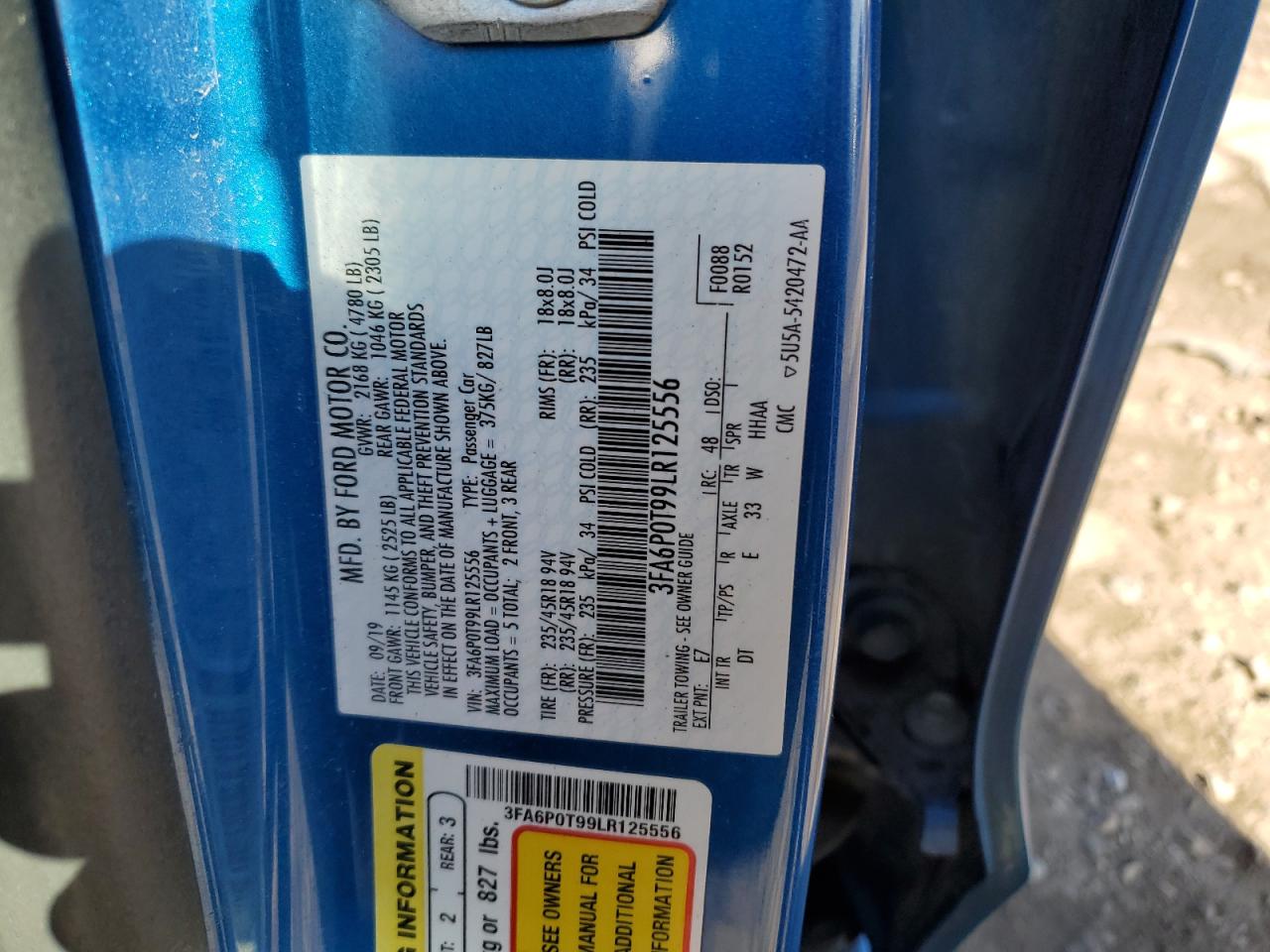 2020 Ford Fusion Se VIN: 3FA6P0T99LR125556 Lot: 90822315