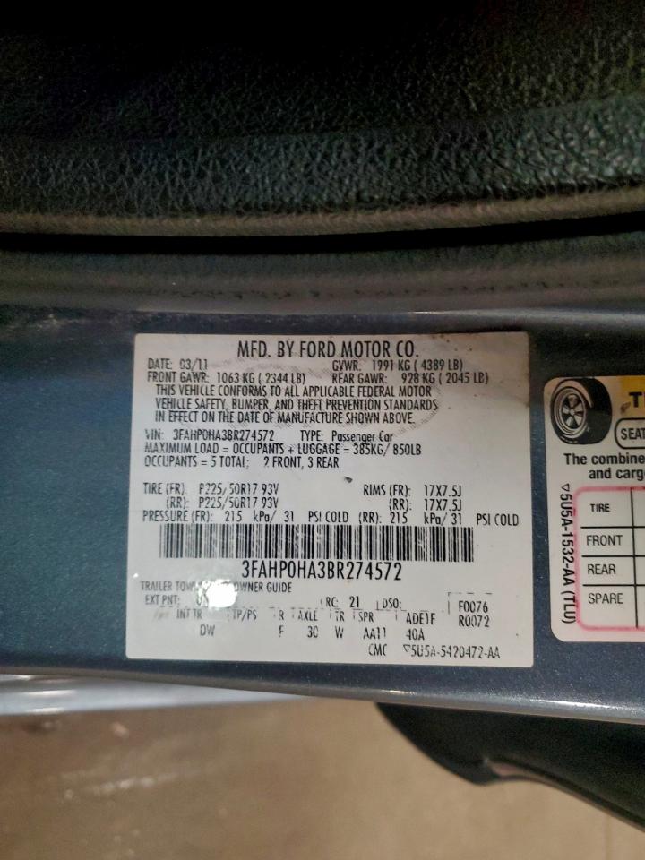 2011 Ford Fusion Se VIN: 3FAHP0HA3BR274572 Lot: 94490475